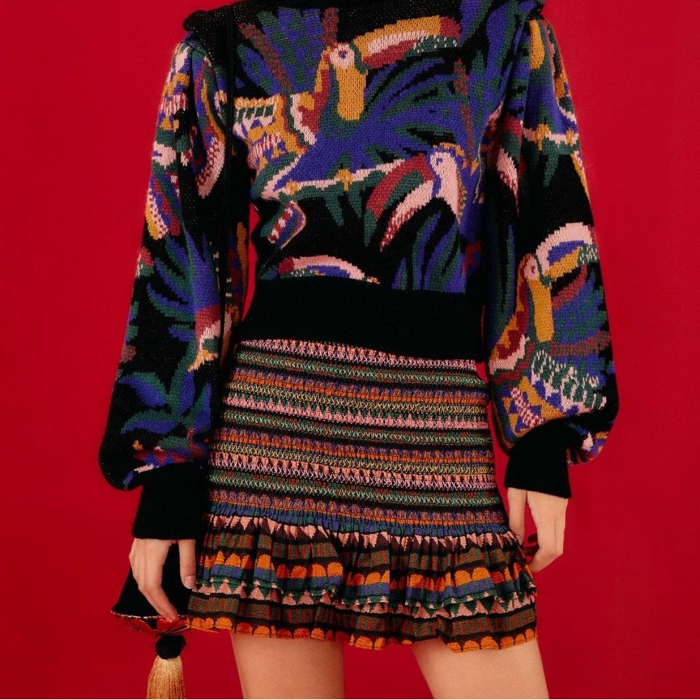 Farm Rio Graphic Toucans Stripes Mini Skirt